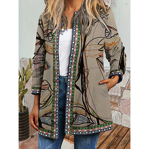 

Women's Coat Daily Spring & Fall Winter Regular Coat Regular Fit Casual Jacket Long Sleeve Portrait Print Khaki / Holiday