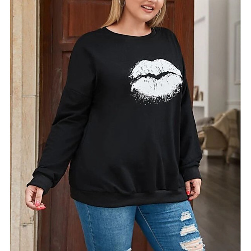 

Women's Plus Size Tops Pullover Sweatshirt Graphic Mouth Long Sleeve Round Neck Fall Winter Black Big Size L XL XXL XXXL