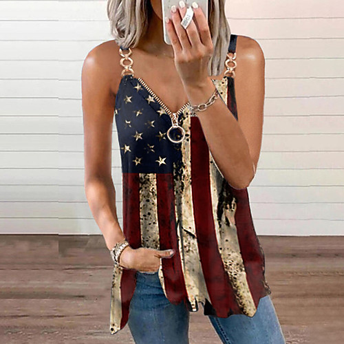 

Women's Tank Top Vest Flag Zipper V Neck Basic Streetwear Tops Blue Red Brown