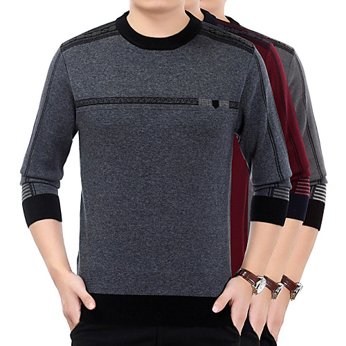 

Men's Stylish Vintage Style Knitted Color Block Pullover Sweater Long Sleeve Sweater Cardigans Crew Neck Fall Winter Wine Gray Dark Gray