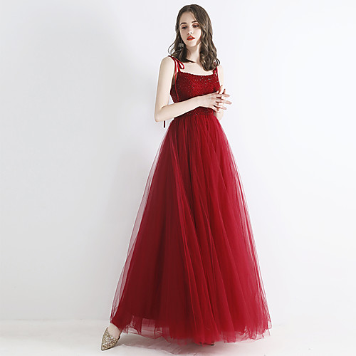 

A-Line Sparkle Elegant Engagement Prom Dress Spaghetti Strap Sleeveless Floor Length Tulle with Pleats Beading 2021