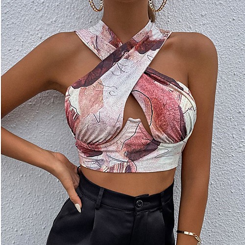 

Women's Crop Top Tank Top Vest Graphic Abstract Criss Cross Cut Out Print V Neck Basic Streetwear Tops Brown