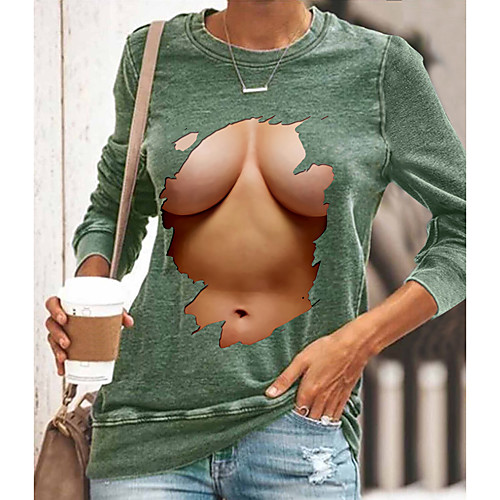 

Women's Abstract Painting T shirt Graphic 3D Long Sleeve Print Round Neck Basic Sexy Tops Cotton Blue Yellow Gray