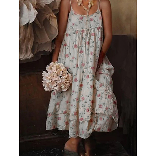 

Women's Swing Dress Maxi long Dress White Sleeveless Flower Spring Summer Casual Romantic Loose 2021 S M L XL XXL XXXL