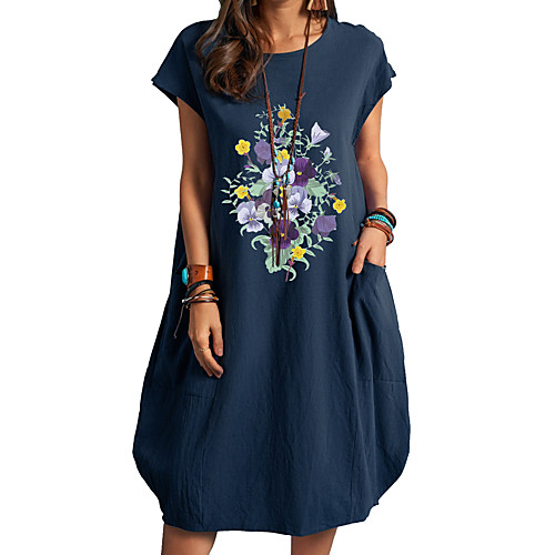 

Women's Loose Knee Length Dress White Black Dark Blue Short Sleeve Graphic Solid Color Pure Color Spring Summer Round Neck Casual 2021 S M L XL 2XL 3XL