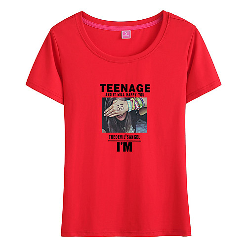

Women's Painting T shirt Text Portrait Print Round Neck Basic Tops Cotton Blushing Pink White Black
