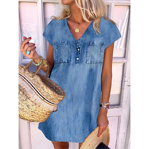 

Women's Denim Dress Short Mini Dress Light Blue Short Sleeve Solid Color Pocket Spring Summer V Neck Casual 2021 S M L XL XXL XXXL 4XL