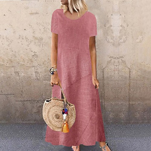 

Women's A Line Dress Maxi long Dress Blue khaki Green Red Short Sleeve Solid Color Classic Style Spring Summer Round Neck Casual S M L XL 2XL 3XL / Cotton