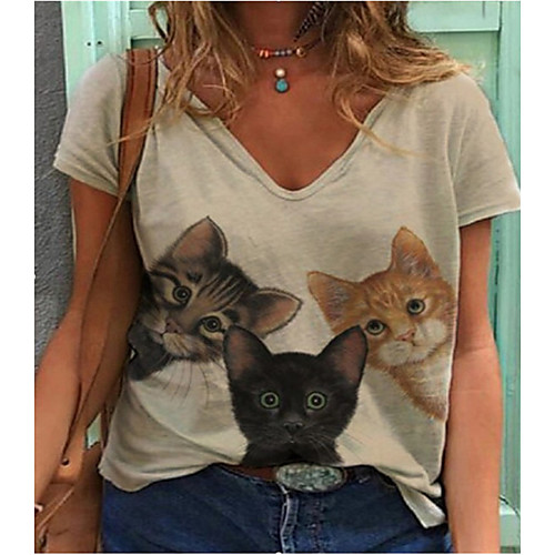 

Women's 3D Cat Painting T shirt Cat 3D Animal Print V Neck Basic Tops White