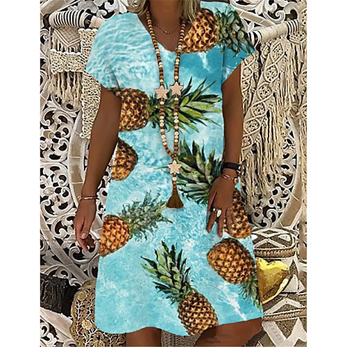 

Women's T Shirt Dress Tee Dress Knee Length Dress Blue Short Sleeve Print Print Spring Summer V Neck Casual Holiday 2021 S M L XL XXL 3XL