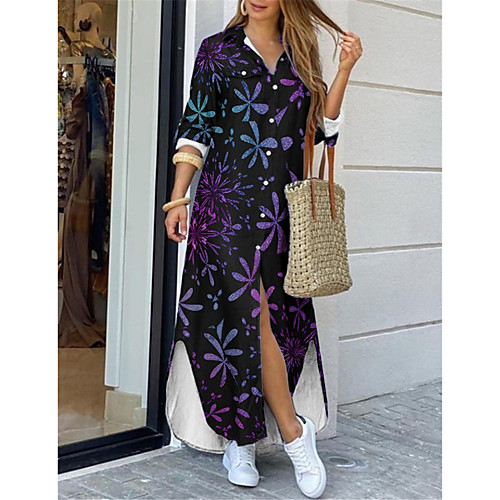 

Women's Shirt Dress Maxi long Dress Purple Long Sleeve Floral Print Print Spring Summer Shirt Collar Casual 2021 S M L XL XXL 3XL