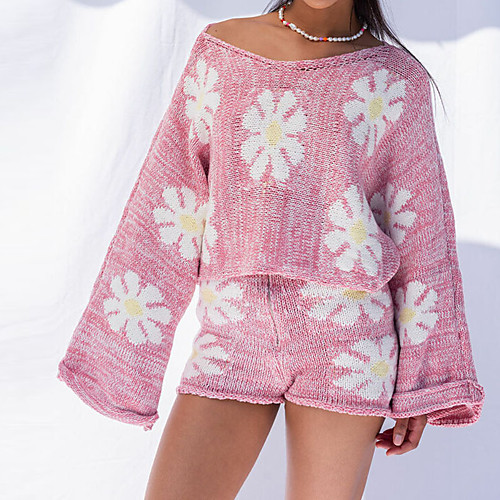 

Women's Casual Print Floral Sweater Co-ords Long Sleeve Sweater Cardigans Boat Neck Fall Winter Blue Purple Blushing Pink