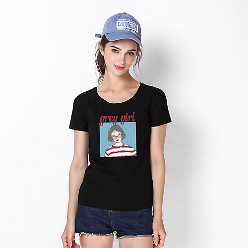 

Women's Painting T shirt Text Portrait Print Round Neck Basic Tops Cotton Blushing Pink White Black