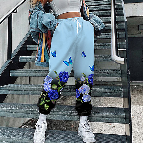 

Women's Streetwear Sweatpants Comfort Going out Weekend Jogger Pants 3D Print Butterfly Flower / Floral Full Length Elastic Drawstring Design Print Blue