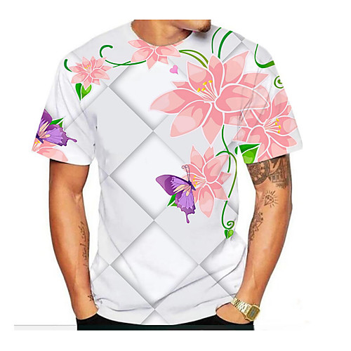 

Men's T shirt Color Block 3D Plus Size Print Short Sleeve Going out Tops Streetwear Exaggerated Round Neck White