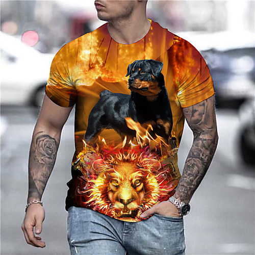 

Men's Unisex Tee T shirt Shirt 3D Print Dog Graphic Prints Lion Print Short Sleeve Daily Tops Casual Designer Big and Tall Orange