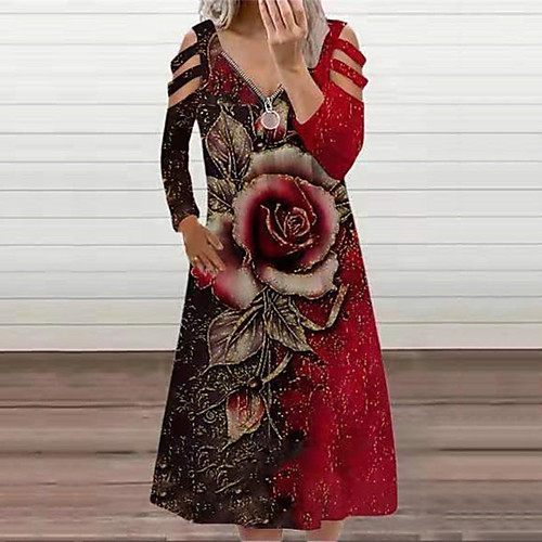 

Women's A Line Dress Knee Length Dress Blue Purple Gold Red Long Sleeve Floral Zipper Print Fall Summer V Neck Casual 2021 S M L XL XXL