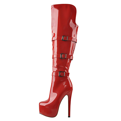 

Women's Boots Stiletto Heel Round Toe Knee High Boots Patent Leather Buckle Solid Colored Red Black