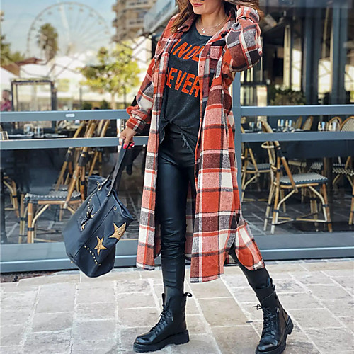 

Women's Coat Daily Fall Winter Long Coat Regular Fit Casual Jacket Long Sleeve Plaid / Check Quilted Fuchsia Orange