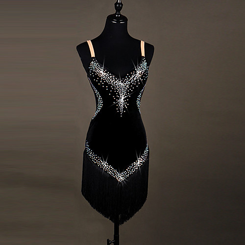 

Latin Dance Dress Rhinestone Tassel Women's Training Performance Sleeveless Natural Polyester