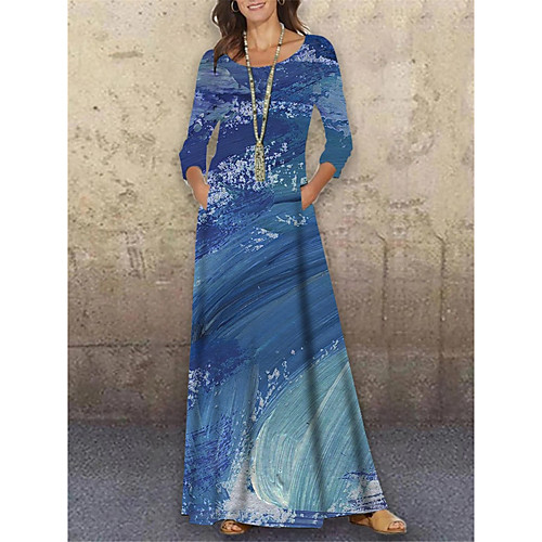 

Women's Shift Dress Maxi long Dress Blue 3/4 Length Sleeve Striped Color Gradient Print Spring Summer Round Neck Casual Holiday 2021 S M L XL XXL 3XL