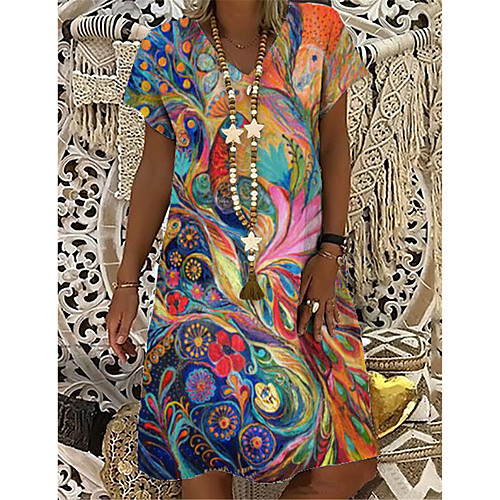 

Women's T Shirt Dress Tee Dress Knee Length Dress Rainbow Short Sleeve Floral Print Print Summer V Neck Casual 2021 S M L XL XXL 3XL