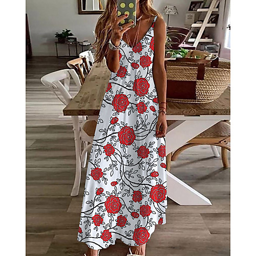 

Women's A Line Dress Maxi long Dress White Sleeveless Floral Print Summer V Neck Casual 2021 S M L XL XXL 3XL