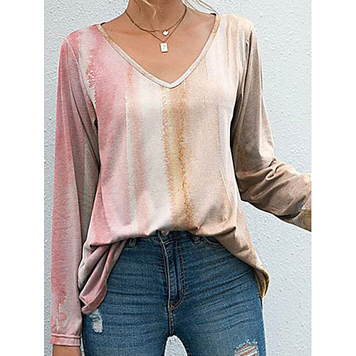 

Women's 3D Printed T shirt Color Gradient Long Sleeve V Neck Basic Tops Rainbow