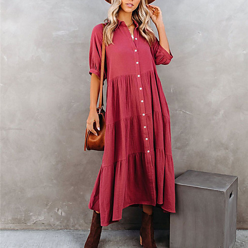 

Women's Swing Dress Midi Dress Wine White Half Sleeve Solid Color Button Summer V Neck Casual Boho 2021 S M L XL / Cotton