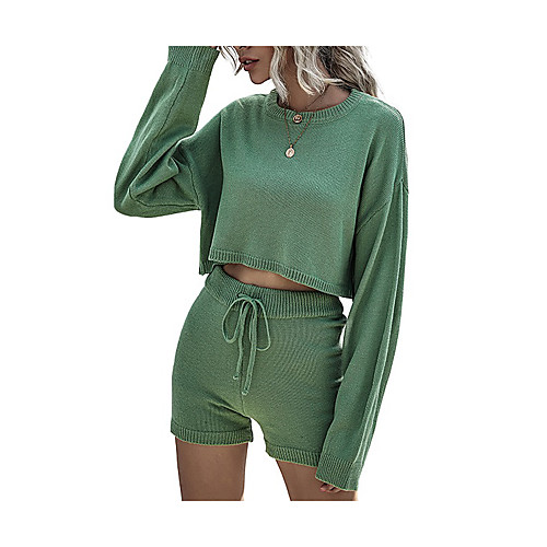 

LITB Basic Women's Solid Color Crop Sweater&Shorts Set Long Sleeve Knit Top