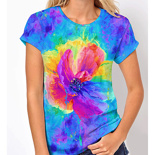 

Women's Floral Theme Abstract Painting T shirt Floral Tie Dye Print Round Neck Basic Tops Blue