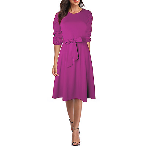 

Women's A Line Dress Knee Length Dress Blue Fuchsia Khaki Green 3/4 Length Sleeve Solid Color Lace up Fall Spring Round Neck Elegant 2021 S M L XL XXL