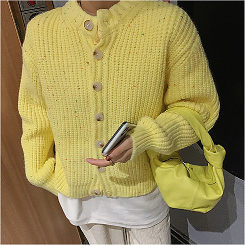 

Women's Stylish Knitted Solid Color Cardigan Sweater Long Sleeve Sweater Cardigans Turtleneck Fall Spring Blue Yellow Beige