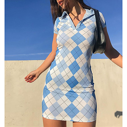 

Women's Bodycon Short Mini Dress Blue Short Sleeve Square Check Spring Summer Active Skinny 2021 S M L