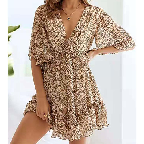 

Women's Swing Dress Short Mini Dress Leopard print on white Long Sleeve Leopard Print Backless Ruffle Spring Summer V Neck Sexy 2021 S M L XL