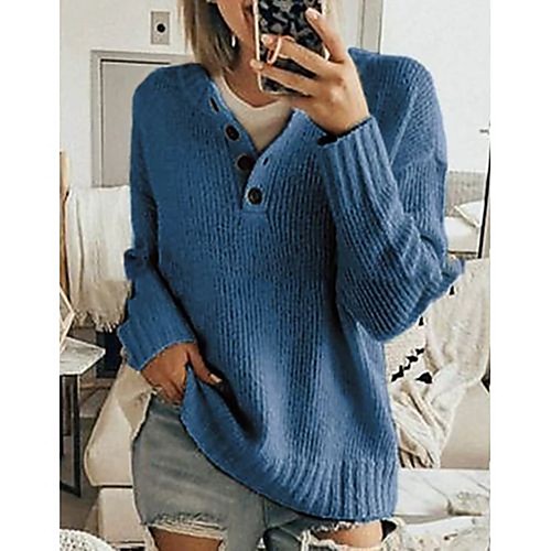 

Women's Solid Color Sweater Long Sleeve Sweater Cardigans V Neck caramel colour Blue Yellow
