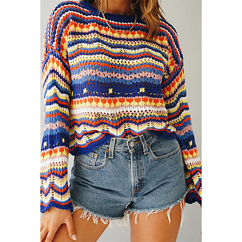 

Women's Stripes Pullover Long Sleeve Sweater Cardigans Round Neck Blue Green Black