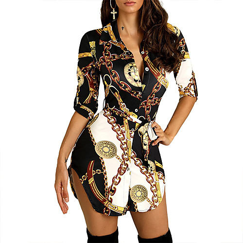 

Women's Sheath Dress Short Mini Dress Black Half Sleeve Print Print Fall Spring Shirt Collar Sexy 2021 S M L XL XXL