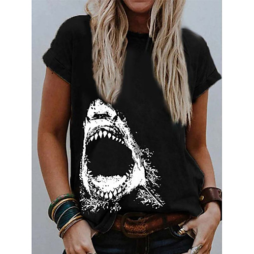 

Women's Abstract Painting T shirt Graphic Print Round Neck Basic Tops Black