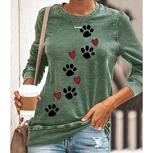 

Women's Abstract Painting T shirt Heart Animal Long Sleeve Print Round Neck Basic Tops Cotton Blue Yellow Gray