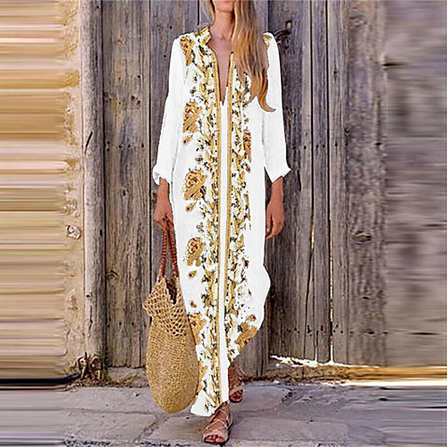 

Women's A Line Dress Maxi long Dress Green White Black Short Sleeve Floral Split Print Fall Summer V Neck Casual Boho 2021 S M L XL XXL 3XL 4XL 5XL