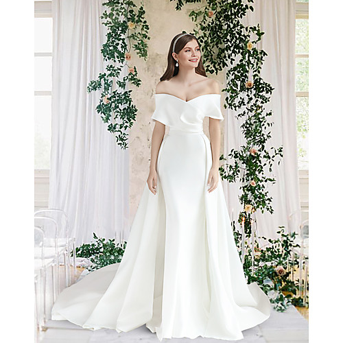

Sheath / Column Wedding Dresses Off Shoulder Sweep / Brush Train Detachable Satin Short Sleeve Simple Vintage Sexy with 2021