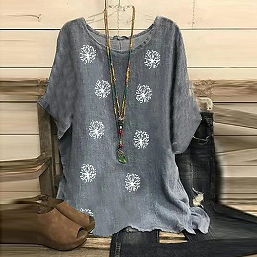 

Women's Blouse Dandelion Patchwork Print Round Neck Tops Gray