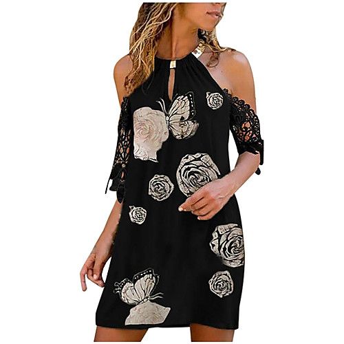 

Women's A Line Dress Short Mini Dress Gray Green Black Red Half Sleeve Floral Abstract Lace Trims Print Fall Spring Halter Neck Casual Holiday 2021 S M L XL XXL 3XL 4XL 5XL