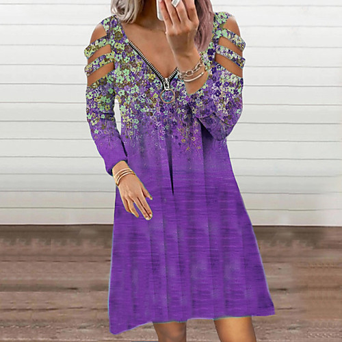 

Women's A Line Dress Short Mini Dress Lake blue Lake Green Blue Purple Yellow White Red Long Sleeve Florals Floral Fall Spring V Neck Casual 2021 S M L XL 2XL 3XL