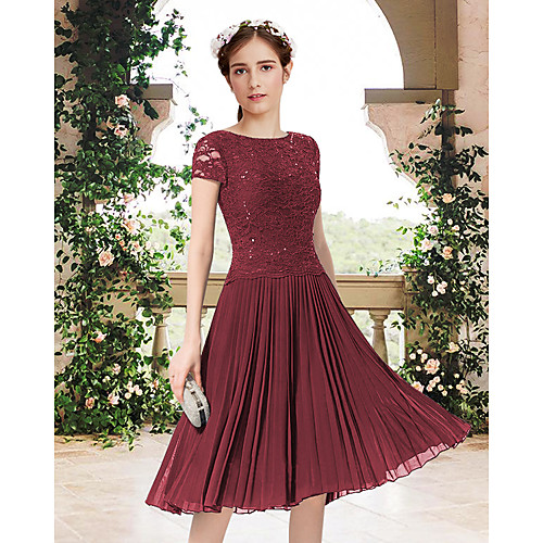 

A-Line Jewel Neck Knee Length Chiffon / Lace Bridesmaid Dress with Pleats
