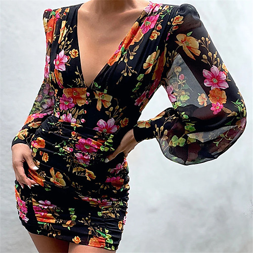

Women's Sheath Dress Short Mini Dress Blue Purple Wine Black Red Beige Light Blue Long Sleeve Floral Print Fall V Neck Casual 2021 S M L XL XXL