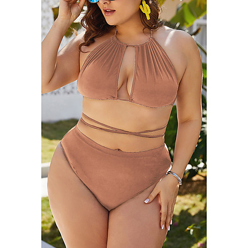 

Women's Bikini 2 Piece Swimsuit Hollow Out Lace up Open Back Solid Color Yellow Wine Green Orange Black Plus Size Swimwear Bandeau Scoop Neck Bathing Suits New Casual Vacation / Sexy