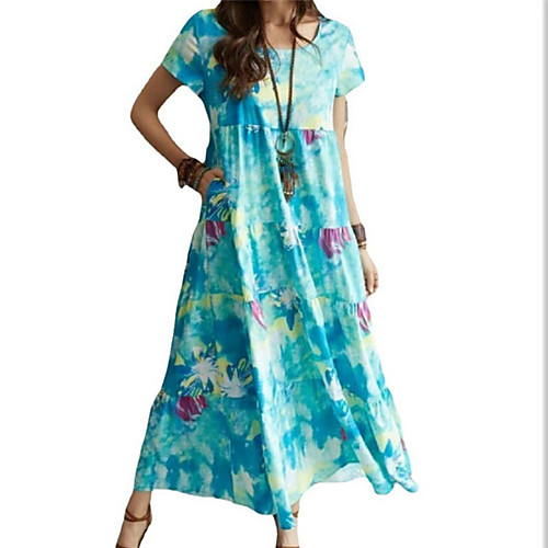 

Women's A Line Dress Midi Dress Blue Green Short Sleeve Floral Color Block Print Summer Round Neck Casual 2021 S M L XL XXL 3XL