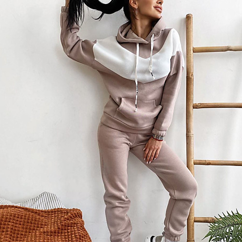 

Women's Streetwear Color Block Vacation Two Piece Set Hoodie Tracksuit Pant Drawstring Bell Sleeve Tops